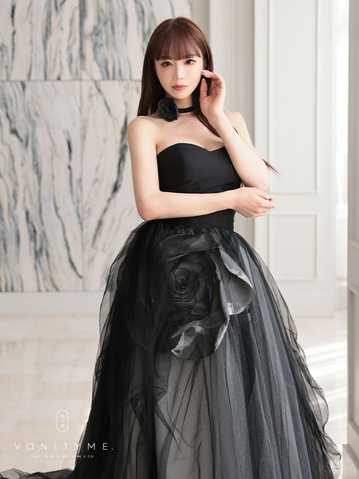 vanityME.couture. バニティミークチュール ビッグローズモチーフ チュールスカート ローズコサージュチョーカー付き プリンセス 姫 ロングドレス バースデードレス ブラック vctr-t-25012