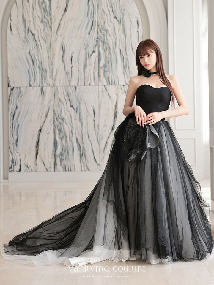 vanityME.couture. バニティミークチュール ビッグローズモチーフ チュールスカート ローズコサージュチョーカー付き プリンセス 姫 ロングドレス バースデードレス ブラック vctr-t-25012