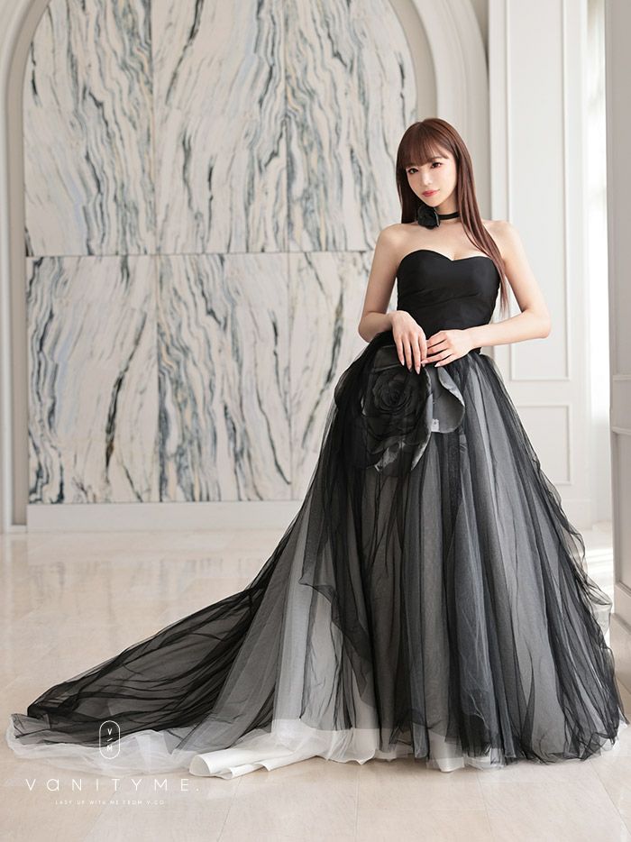 vanityME.couture. バニティミークチュール ビッグローズモチーフ チュールスカート ローズコサージュチョーカー付き プリンセス 姫 ロングドレス バースデードレス ブラック vctr-t-25012