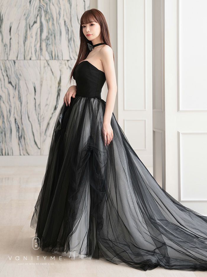 vanityME.couture. バニティミークチュール ビッグローズモチーフ チュールスカート ローズコサージュチョーカー付き プリンセス 姫 ロングドレス バースデードレス ブラック vctr-t-25012