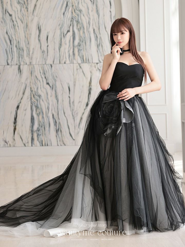 vanityME.couture. バニティミークチュール ビッグローズモチーフ チュールスカート ローズコサージュチョーカー付き プリンセス 姫 ロングドレス バースデードレス ブラック vctr-t-25012