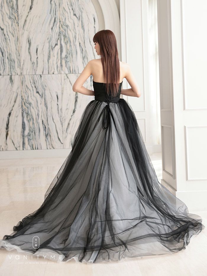 vanityME.couture. バニティミークチュール ビッグローズモチーフ チュールスカート ローズコサージュチョーカー付き プリンセス 姫 ロングドレス バースデードレス ブラック vctr-t-25012