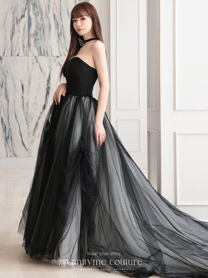 vanityME.couture. バニティミークチュール ビッグローズモチーフ チュールスカート ローズコサージュチョーカー付き プリンセス 姫 ロングドレス バースデードレス ブラック vctr-t-25012