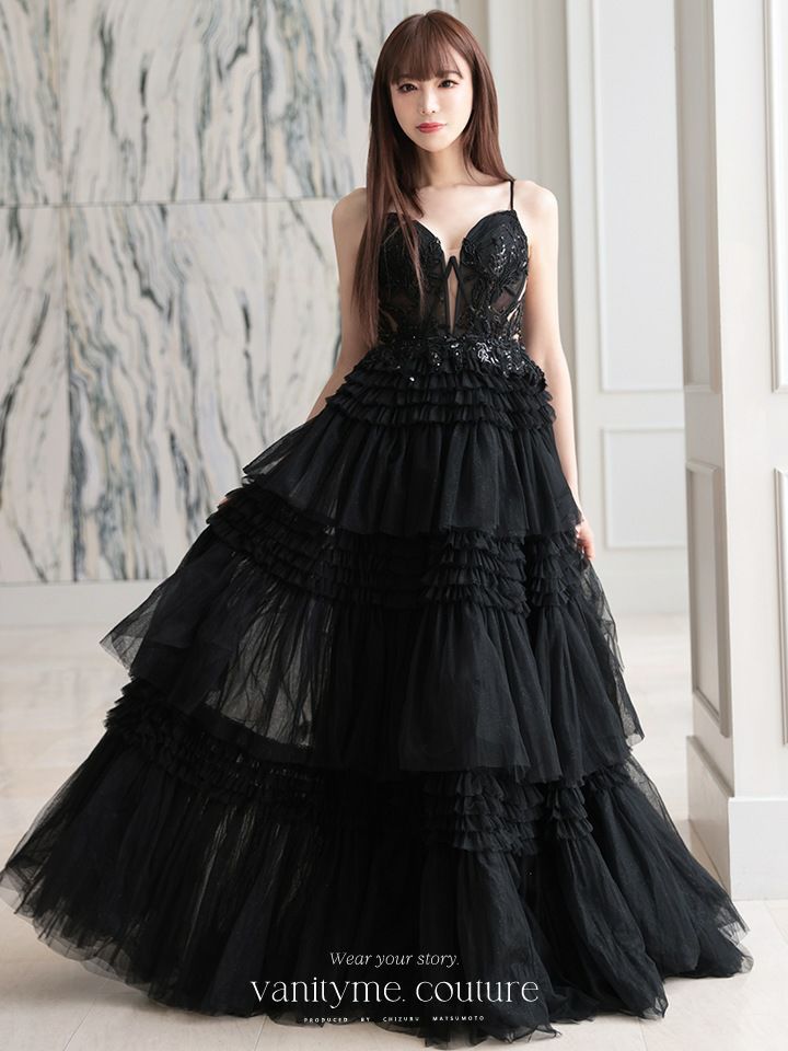 vanityME.couture. バニティミークチュール サイドシアーレース スパンコール刺繍 4段ボリュームフリルスカート プリンセス 姫 ロングドレス バースデードレス ブラック vctr-l-a1247