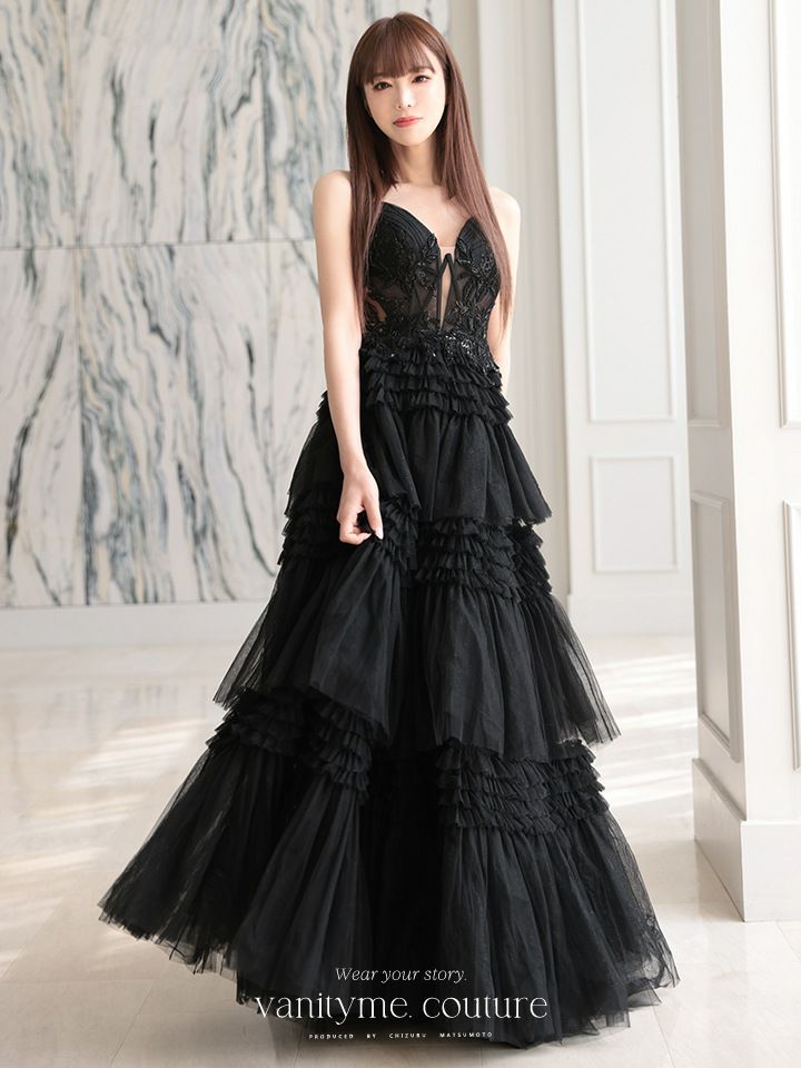 vanityME.couture. バニティミークチュール サイドシアーレース スパンコール刺繍 4段ボリュームフリルスカート プリンセス 姫 ロングドレス バースデードレス ブラック vctr-l-a1247