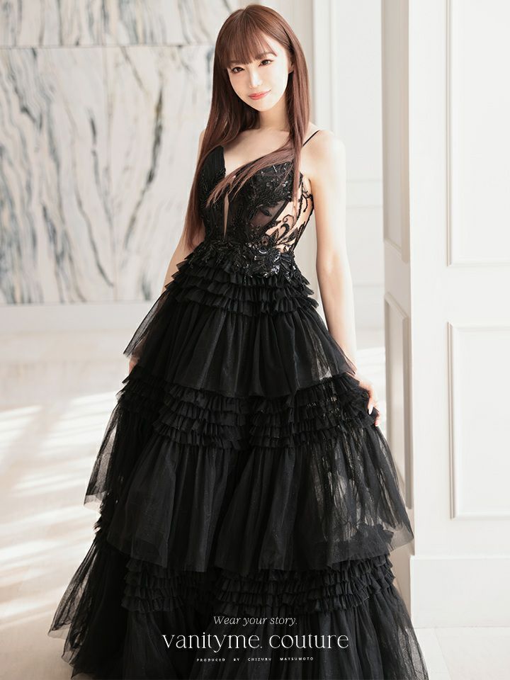 vanityME.couture. バニティミークチュール サイドシアーレース スパンコール刺繍 4段ボリュームフリルスカート プリンセス 姫 ロングドレス バースデードレス ブラック vctr-l-a1247