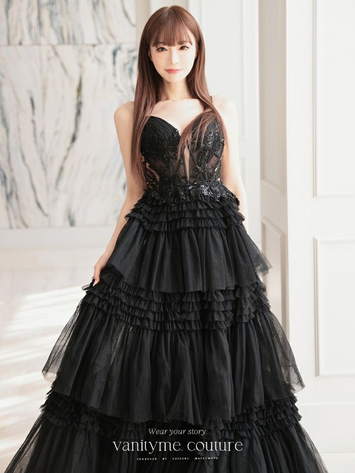 vanityME.couture. バニティミークチュール サイドシアーレース スパンコール刺繍 4段ボリュームフリルスカート プリンセス 姫 ロングドレス バースデードレス ブラック vctr-l-a1247