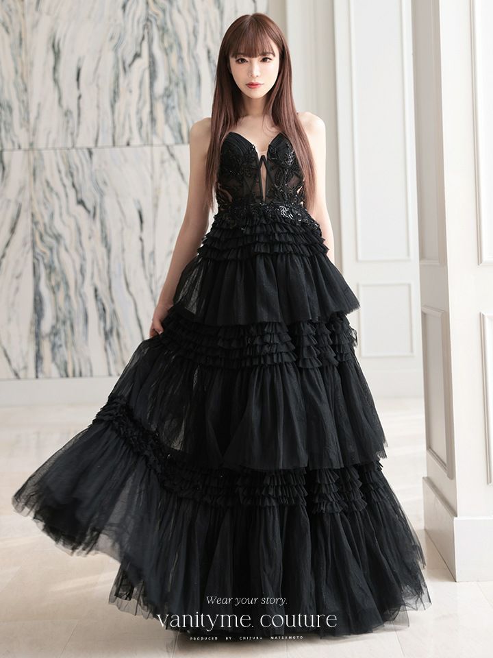 vanityME.couture. バニティミークチュール サイドシアーレース スパンコール刺繍 4段ボリュームフリルスカート プリンセス 姫 ロングドレス バースデードレス ブラック vctr-l-a1247
