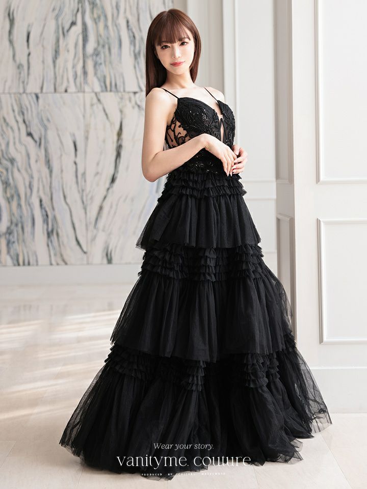 vanityME.couture. バニティミークチュール サイドシアーレース スパンコール刺繍 4段ボリュームフリルスカート プリンセス 姫 ロングドレス バースデードレス ブラック vctr-l-a1247