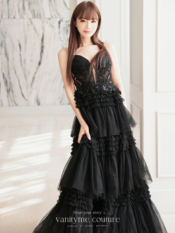 vanityME.couture. バニティミークチュール サイドシアーレース スパンコール刺繍 4段ボリュームフリルスカート プリンセス 姫 ロングドレス バースデードレス ブラック vctr-l-a1247