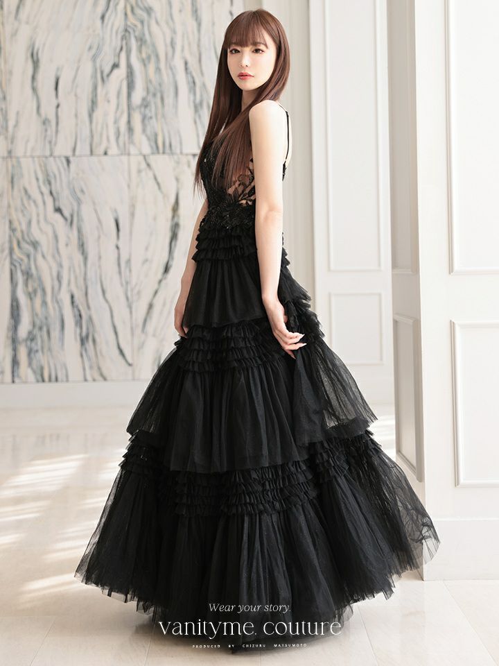 vanityME.couture. バニティミークチュール サイドシアーレース スパンコール刺繍 4段ボリュームフリルスカート プリンセス 姫 ロングドレス バースデードレス ブラック vctr-l-a1247