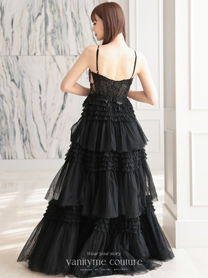 vanityME.couture. バニティミークチュール サイドシアーレース スパンコール刺繍 4段ボリュームフリルスカート プリンセス 姫 ロングドレス バースデードレス ブラック vctr-l-a1247