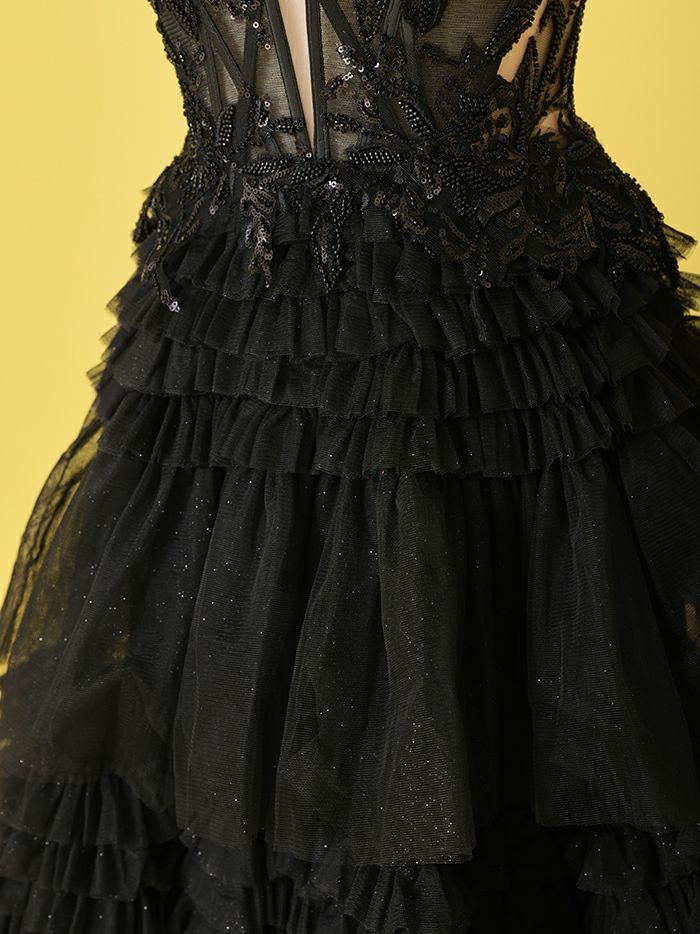 vanityME.couture. バニティミークチュール サイドシアーレース スパンコール刺繍 4段ボリュームフリルスカート プリンセス 姫 ロングドレス バースデードレス ブラック vctr-l-a1247