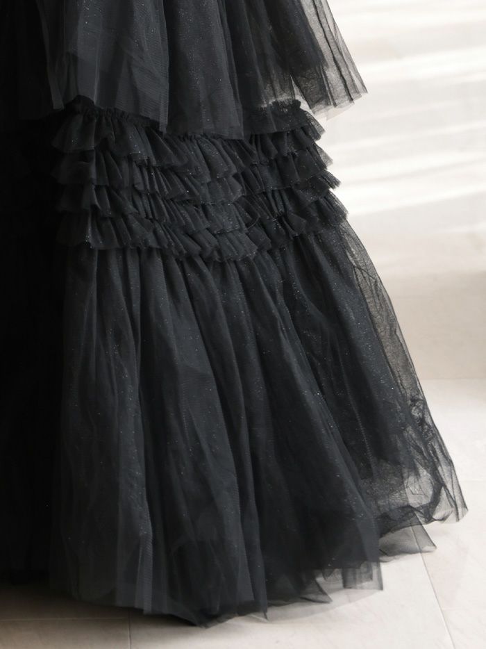 vanityME.couture. バニティミークチュール サイドシアーレース スパンコール刺繍 4段ボリュームフリルスカート プリンセス 姫 ロングドレス バースデードレス ブラック vctr-l-a1247