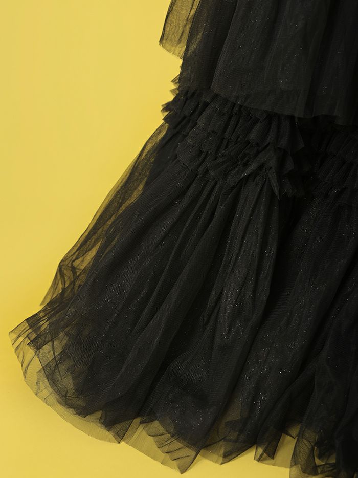 vanityME.couture. バニティミークチュール サイドシアーレース スパンコール刺繍 4段ボリュームフリルスカート プリンセス 姫 ロングドレス バースデードレス ブラック vctr-l-a1247