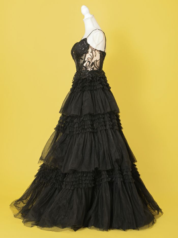 vanityME.couture. バニティミークチュール サイドシアーレース スパンコール刺繍 4段ボリュームフリルスカート プリンセス 姫 ロングドレス バースデードレス ブラック vctr-l-a1247