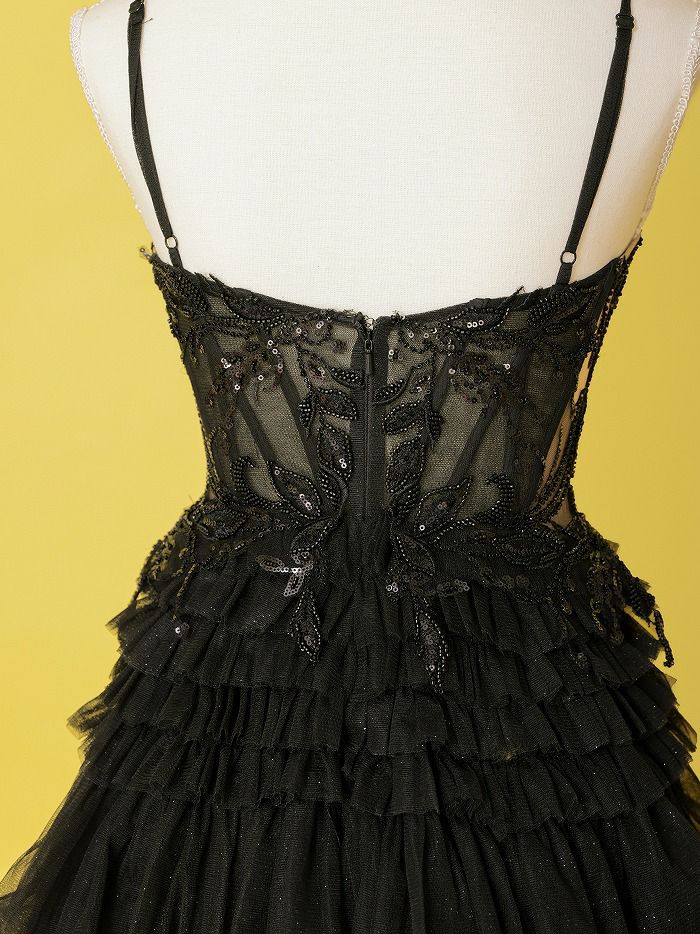 vanityME.couture. バニティミークチュール サイドシアーレース スパンコール刺繍 4段ボリュームフリルスカート プリンセス 姫 ロングドレス バースデードレス ブラック vctr-l-a1247