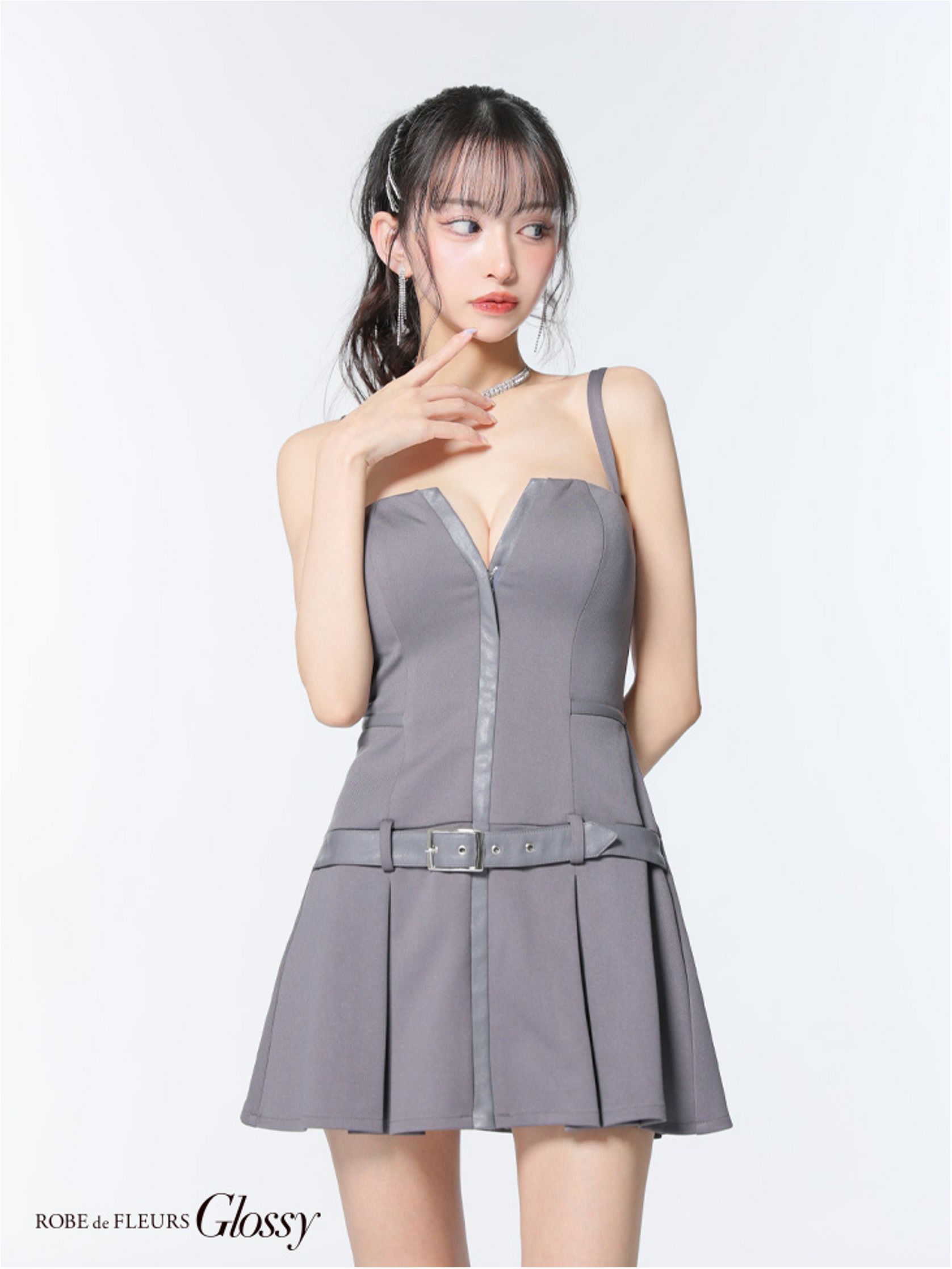 Glossy ローブドフルールグロッシー フロントジップベルトプリーツミニキャバドレス gl4101-c