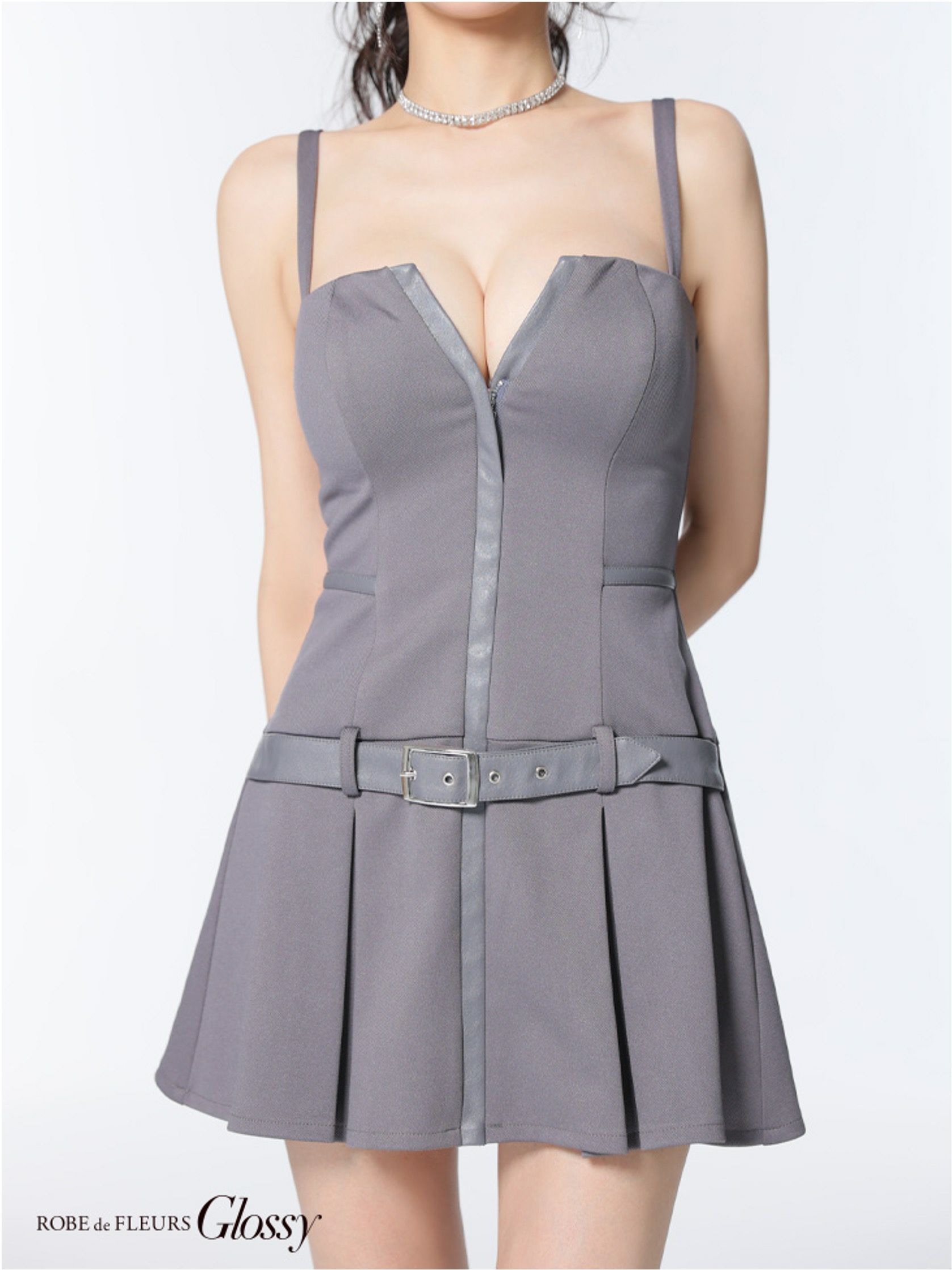 Glossy ローブドフルールグロッシー フロントジップベルトプリーツミニキャバドレス gl4101-c