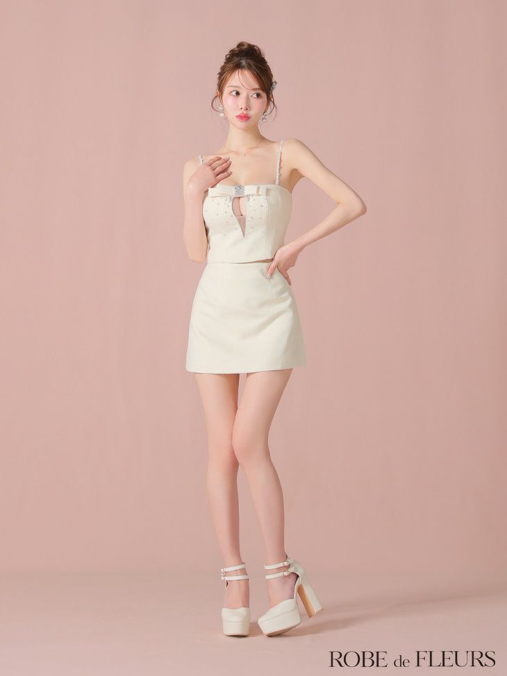 ROBE de FLEURS ローブドフルール ビジューリボンセットアップタイトミニキャバドレス fm3456