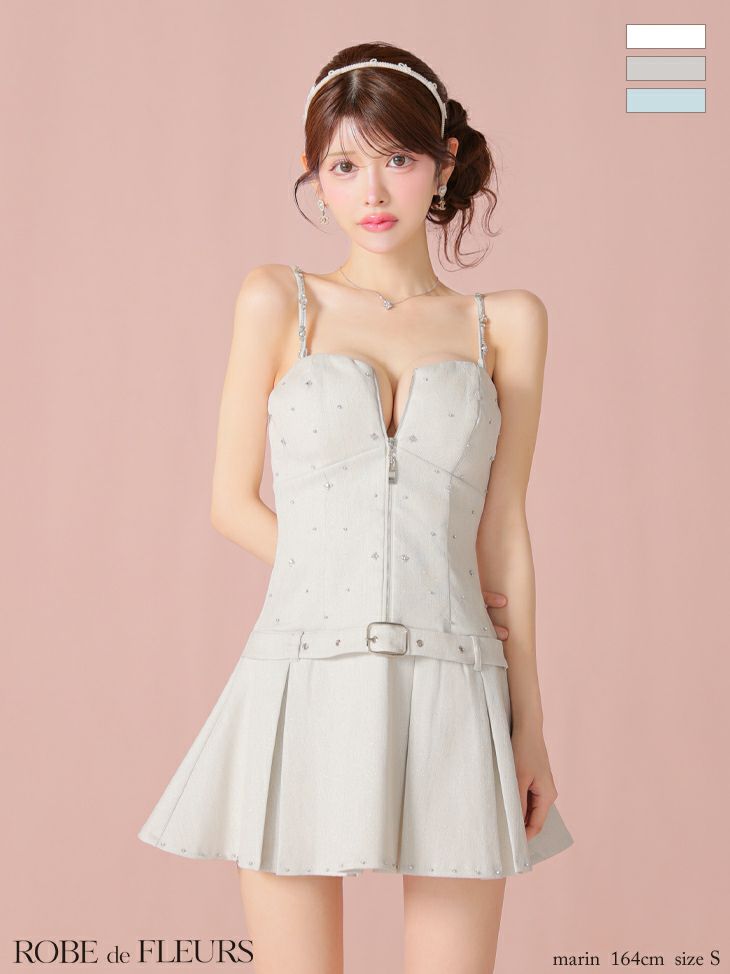 ROBE de FLEURS ローブドフルール ラメツイルベルトプリーツミニキャバドレス fm4104