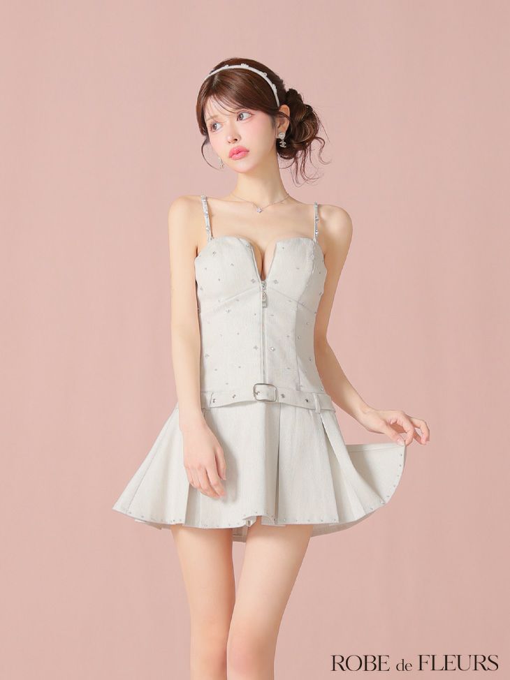 ROBE de FLEURS ローブドフルール ラメツイルベルトプリーツミニキャバドレス fm4104