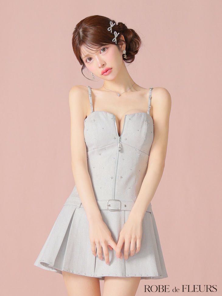 ROBE de FLEURS ローブドフルール ラメツイルベルトプリーツミニキャバドレス fm4104