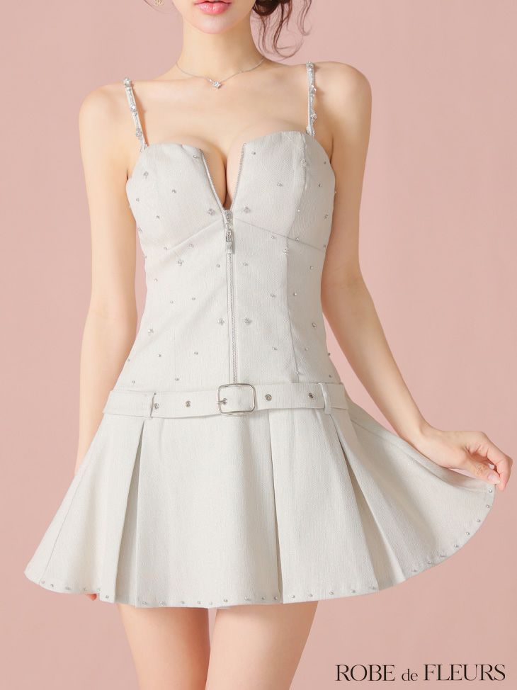 ROBE de FLEURS ローブドフルール ラメツイルベルトプリーツミニキャバドレス fm4104