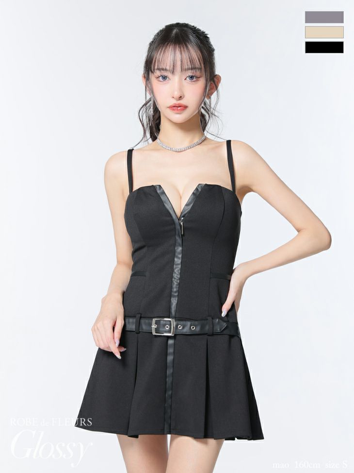 Glossy ローブドフルールグロッシー フロントジップベルトプリーツミニキャバドレス gl4101