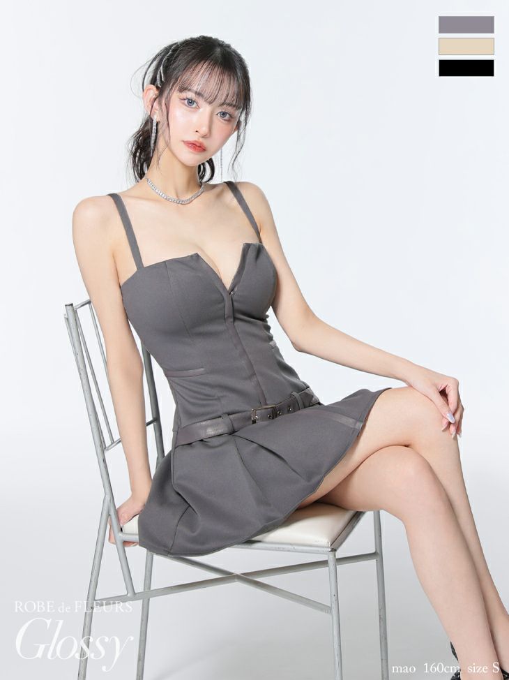 Glossy ローブドフルールグロッシー フロントジップベルトプリーツミニキャバドレス gl4101