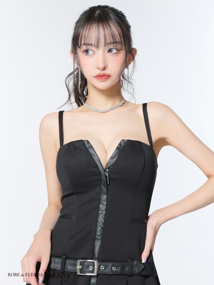 Glossy ローブドフルールグロッシー フロントジップベルトプリーツミニキャバドレス gl4101