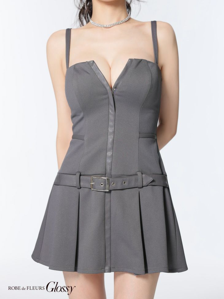 Glossy ローブドフルールグロッシー フロントジップベルトプリーツミニキャバドレス gl4101