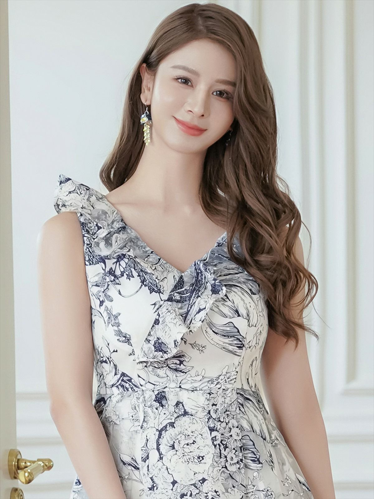 ERUKEI エルケイ トワルドジュイ・プリント・オーガンジー・フリル・ノースリーブ・Vネック・Aライン・ロングドレス ek-s24093