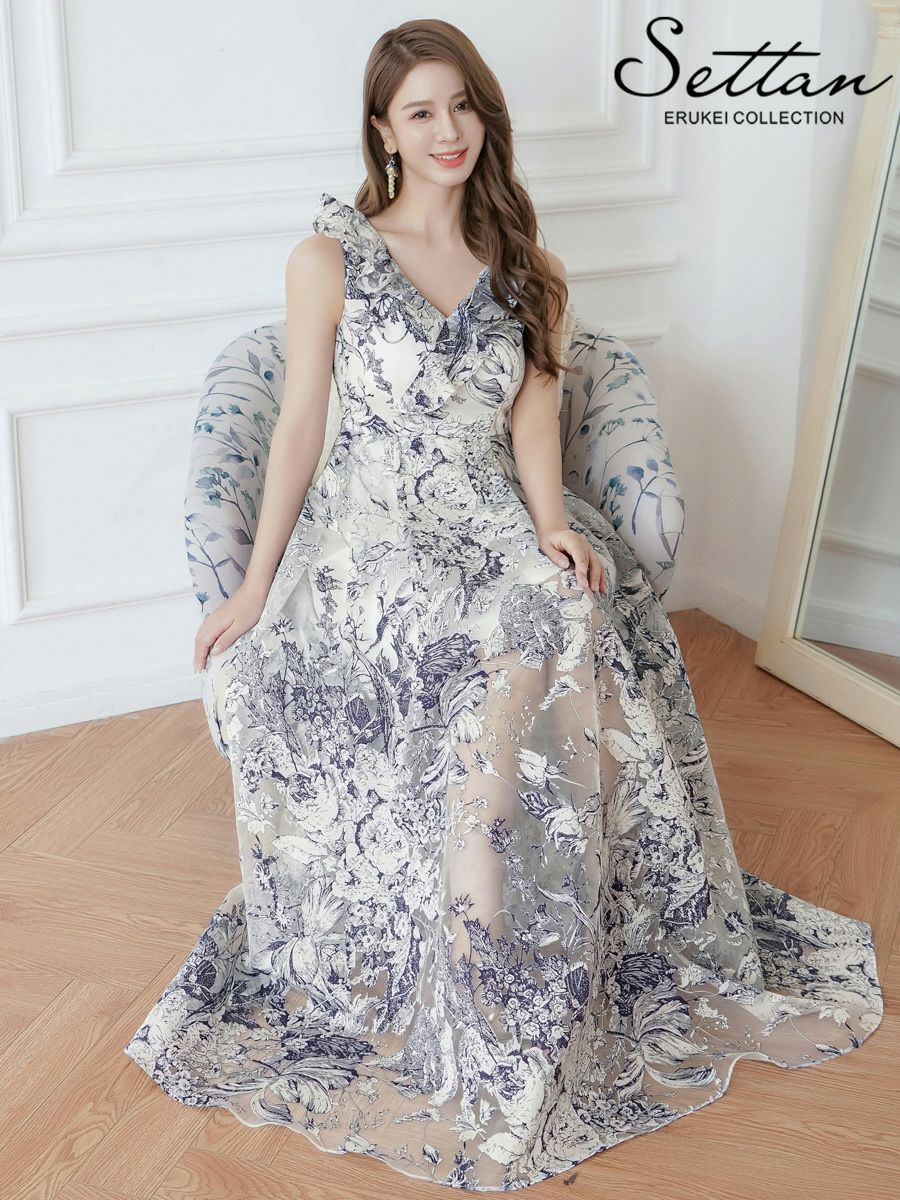 ERUKEI エルケイ トワルドジュイ・プリント・オーガンジー・フリル・ノースリーブ・Vネック・Aライン・ロングドレス ek-s24093