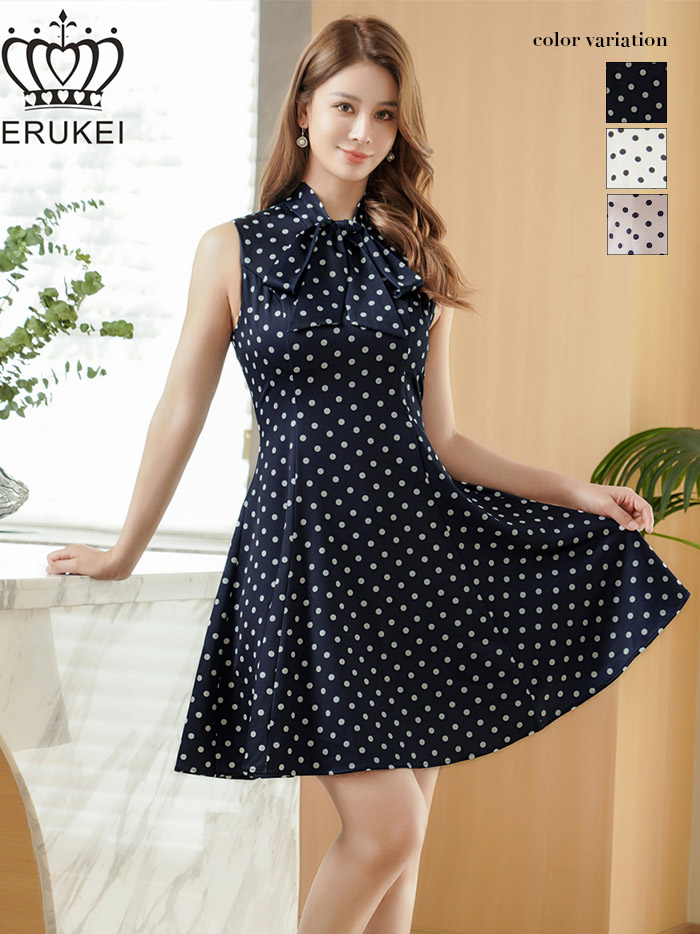 ERUKEI エルケイ ドット・ノースリーブ・プチハイネック・リボン・Aライン・ミニドレス・ワンピース ek-e25038