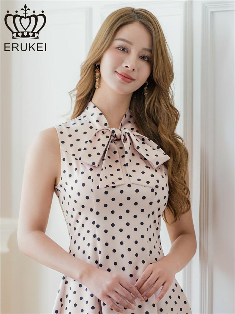 ERUKEI エルケイ ドット・ノースリーブ・プチハイネック・リボン・Aライン・ミニドレス・ワンピース ek-e25038