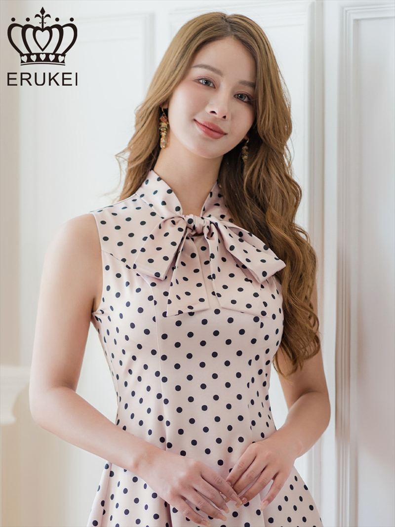 ERUKEI エルケイ ドット・ノースリーブ・プチハイネック・リボン・Aライン・ミニドレス・ワンピース ek-e25038