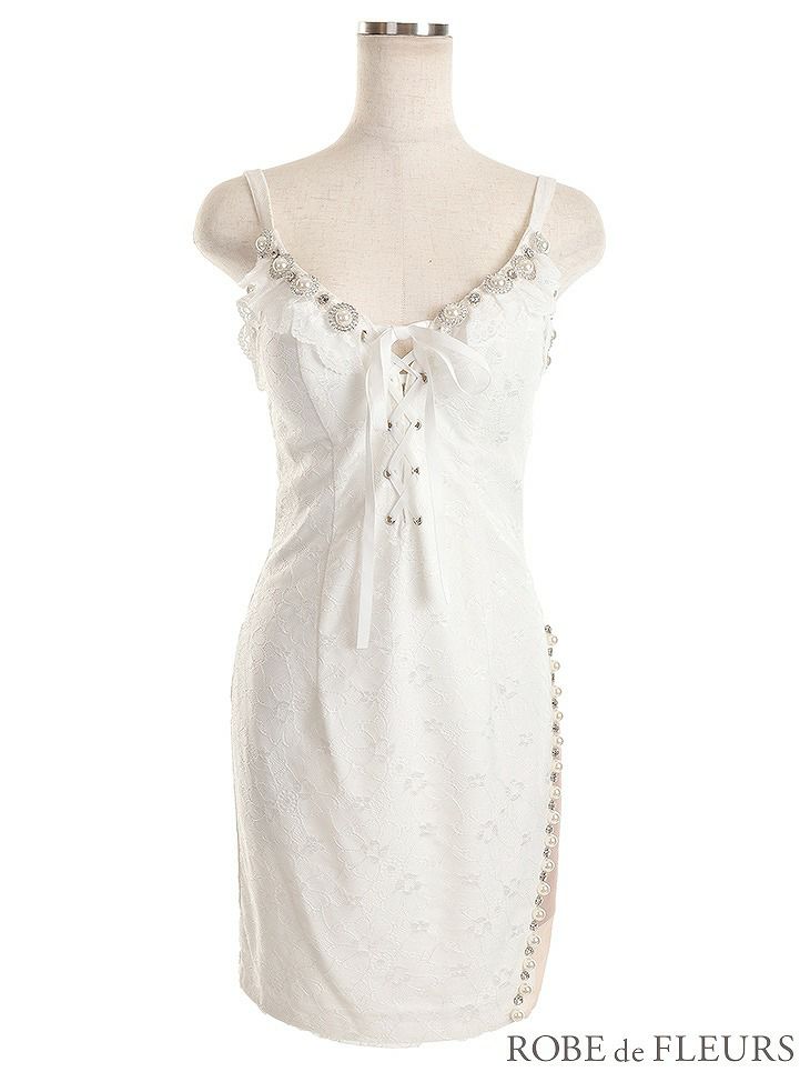 【ROBE de FLEURS SALE】 ROBE de FLEURS ローブドフルール 編み上げリボン×片サイドチュール切替タイトミニキャバドレス fm2267-s25