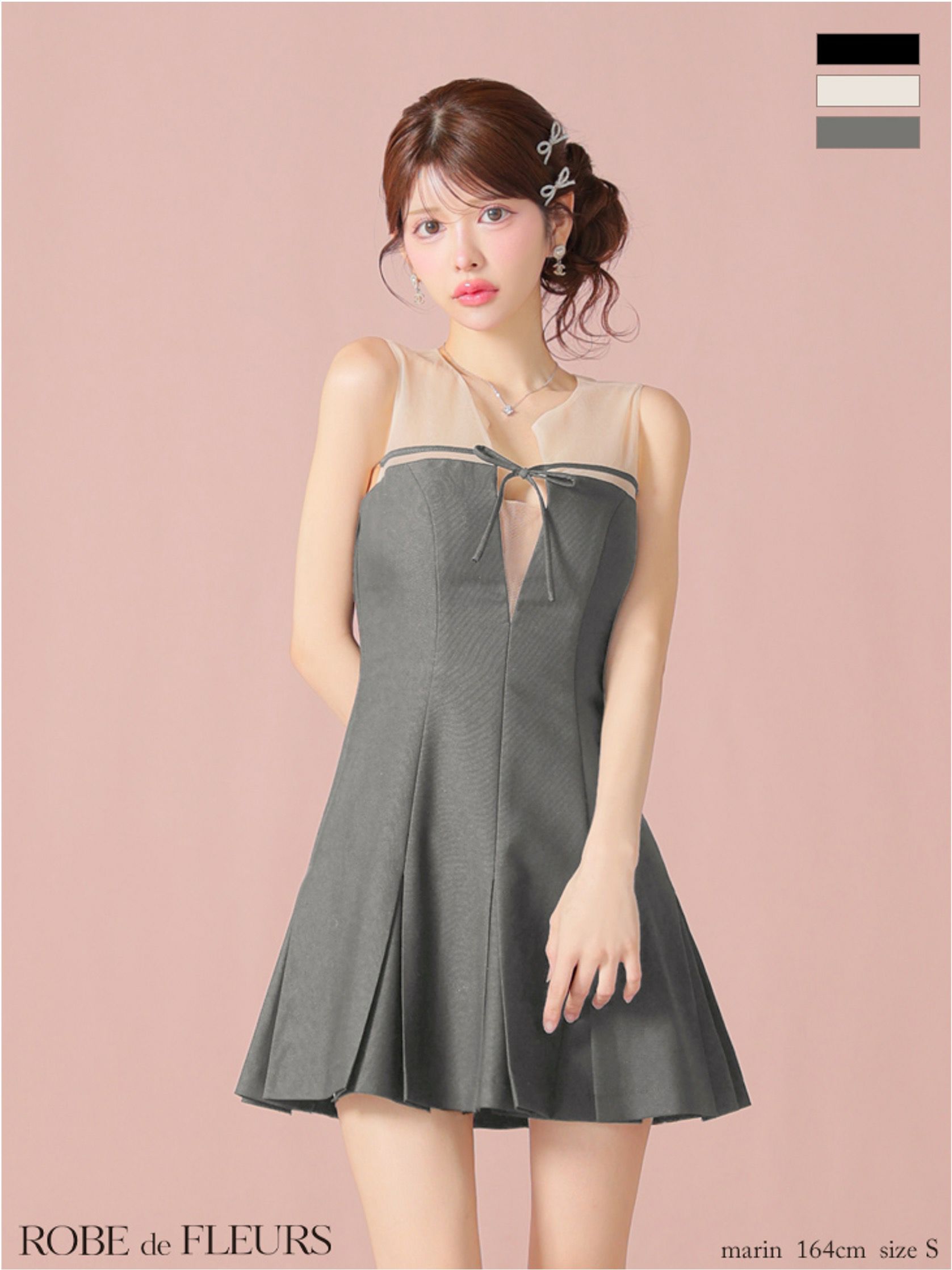 ROBE de FLEURS ローブドフルール センターリボンシアーチュールフレアミニキャバドレス fm3798-c