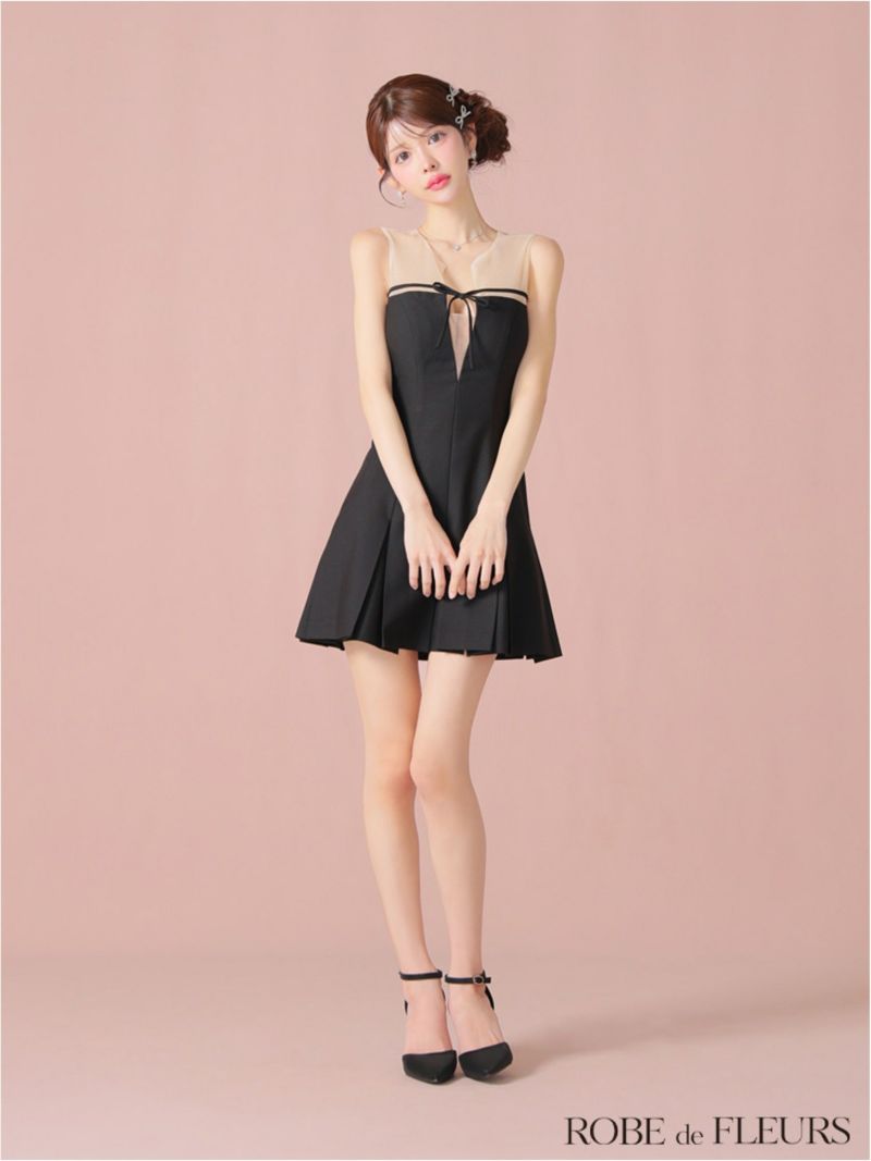 ROBE de FLEURS ローブドフルール センターリボンシアーチュールフレアミニキャバドレス fm3798-c