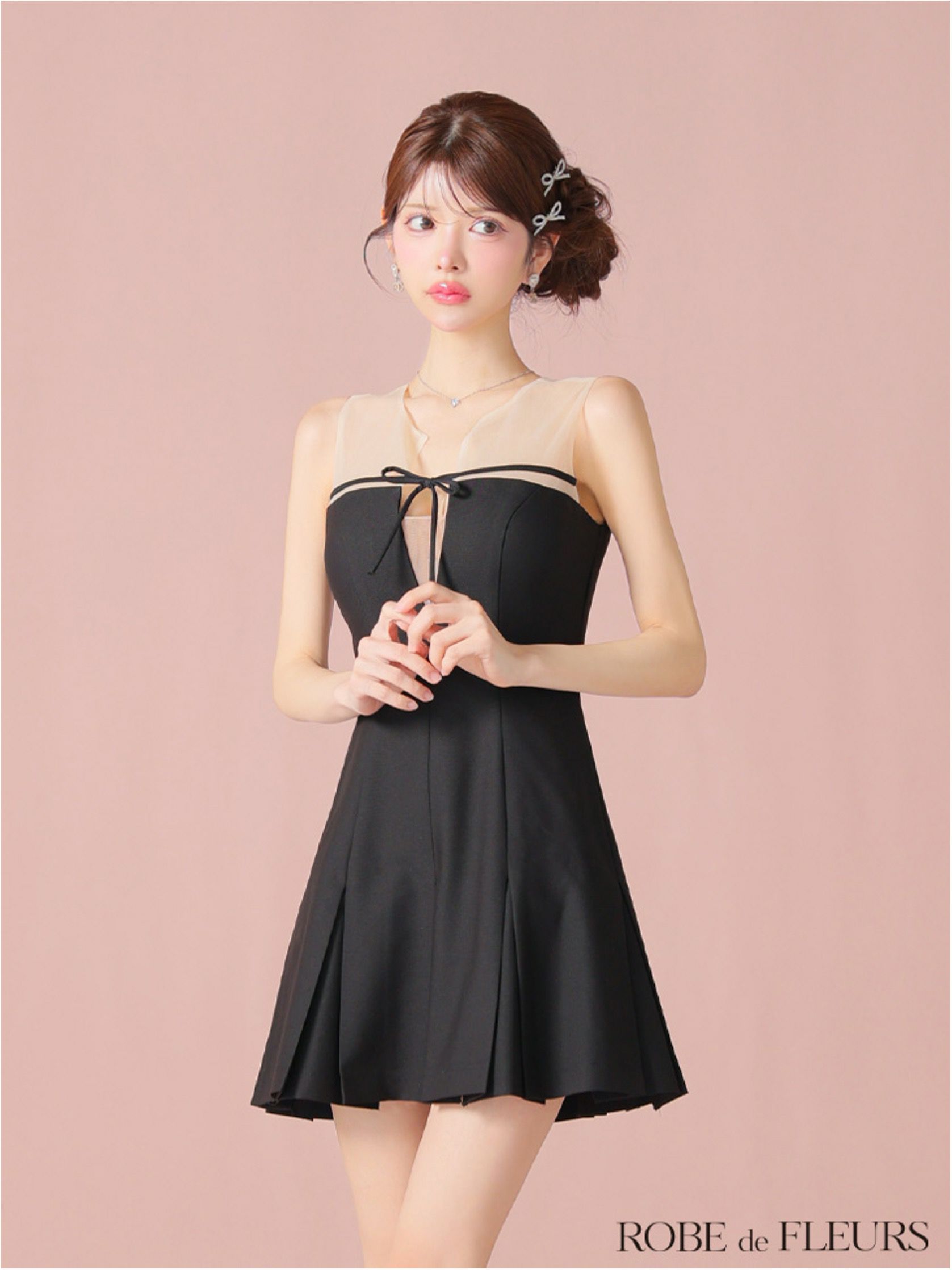 ROBE de FLEURS ローブドフルール センターリボンシアーチュールフレアミニキャバドレス fm3798-c