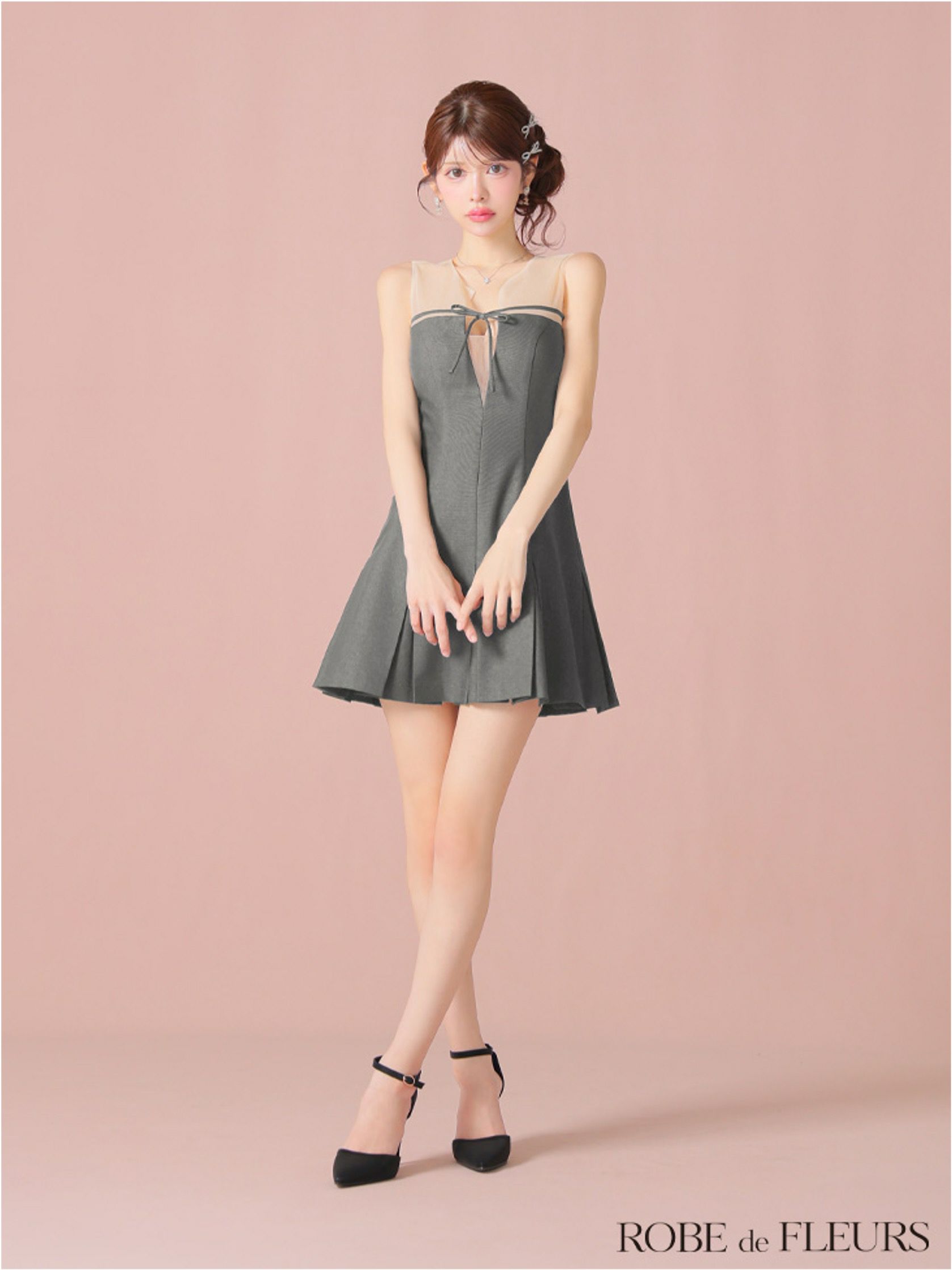 ROBE de FLEURS ローブドフルール センターリボンシアーチュールフレアミニキャバドレス fm3798-c