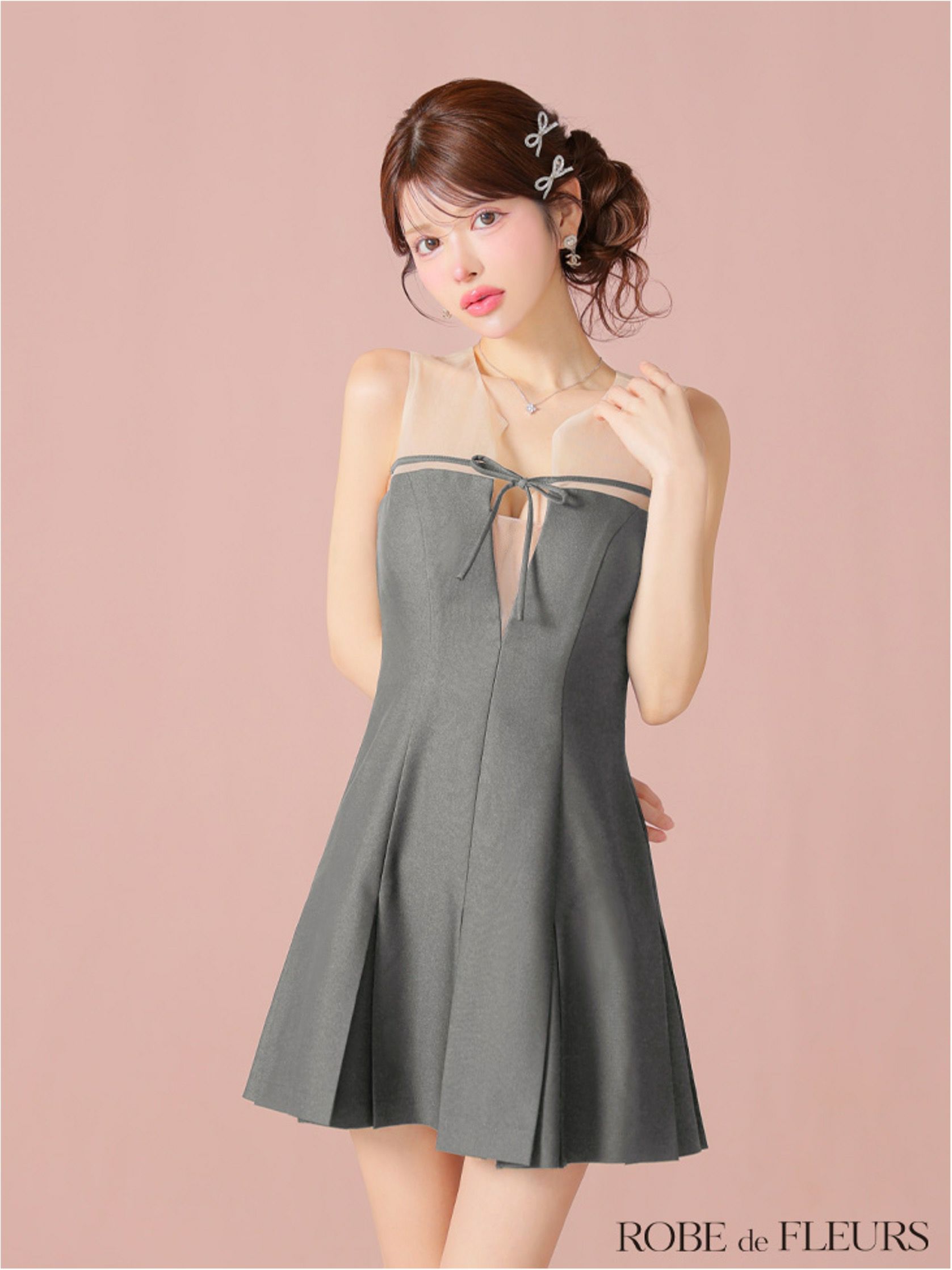 ROBE de FLEURS ローブドフルール センターリボンシアーチュールフレアミニキャバドレス fm3798-c