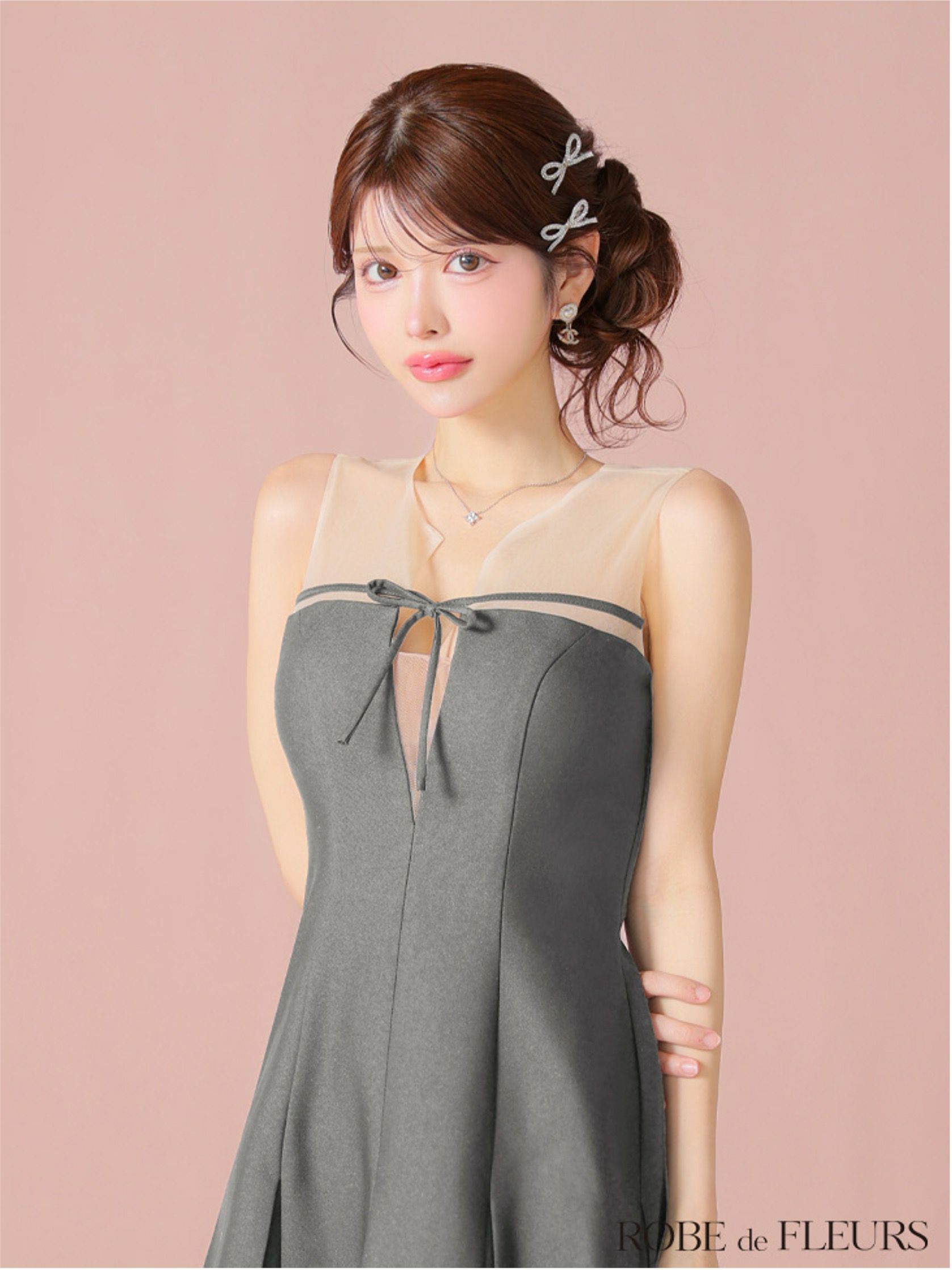 ROBE de FLEURS ローブドフルール センターリボンシアーチュールフレアミニキャバドレス fm3798-c
