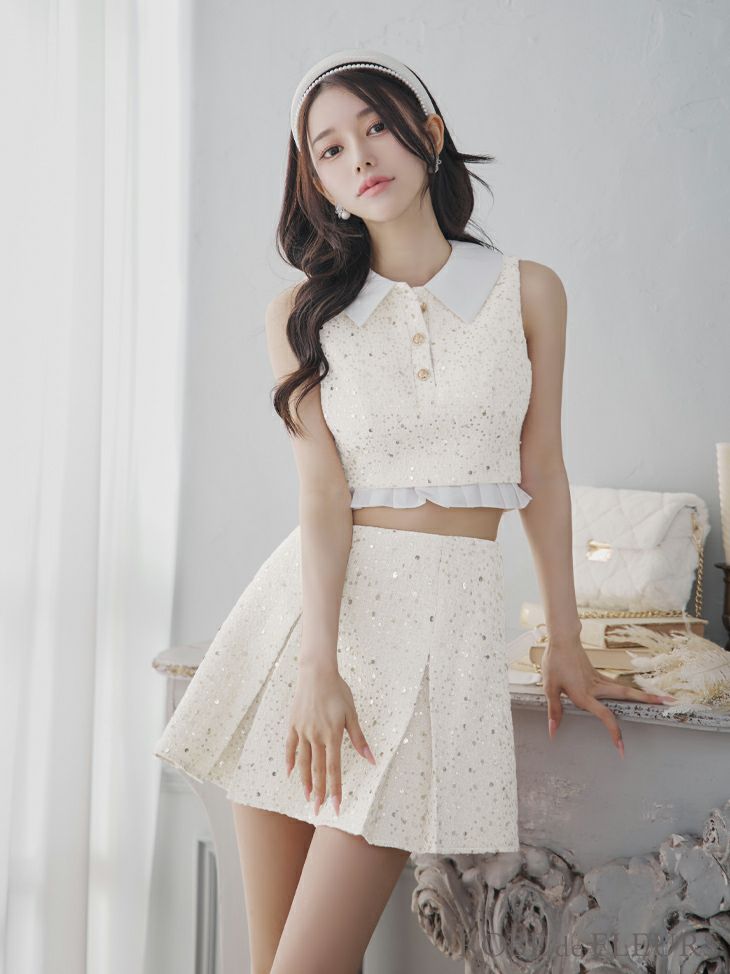ROBE de FLEURS ローブドフルール 襟つきスパンコールツイードノースリーブプリーツセットアップキャバドレス fm3348