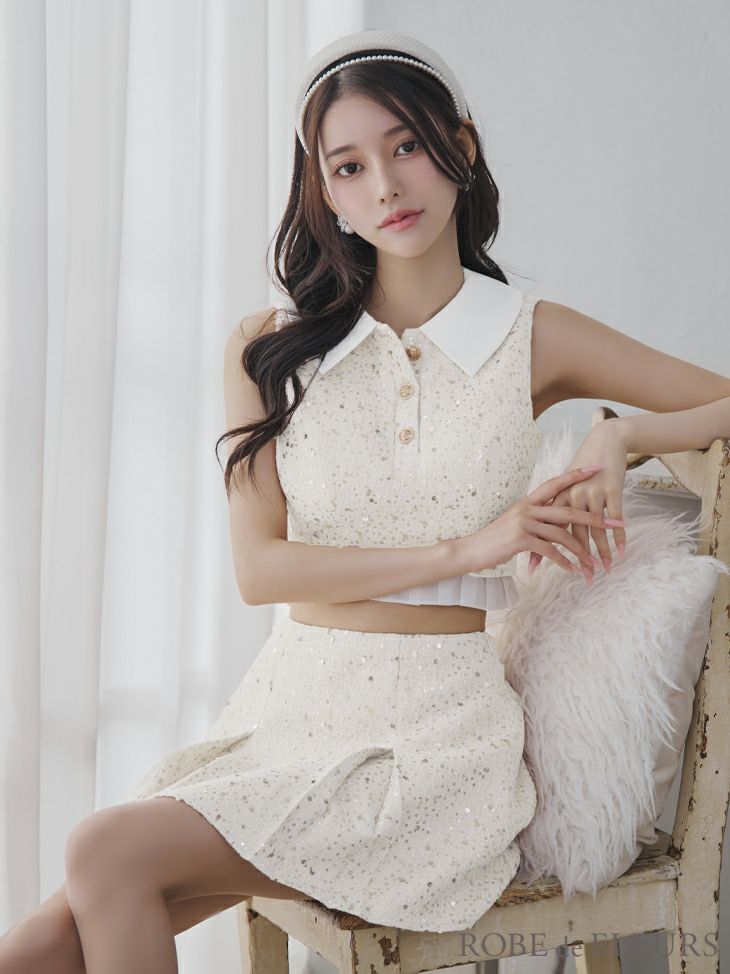 ROBE de FLEURS ローブドフルール 襟つきスパンコールツイードノースリーブプリーツセットアップキャバドレス fm3348