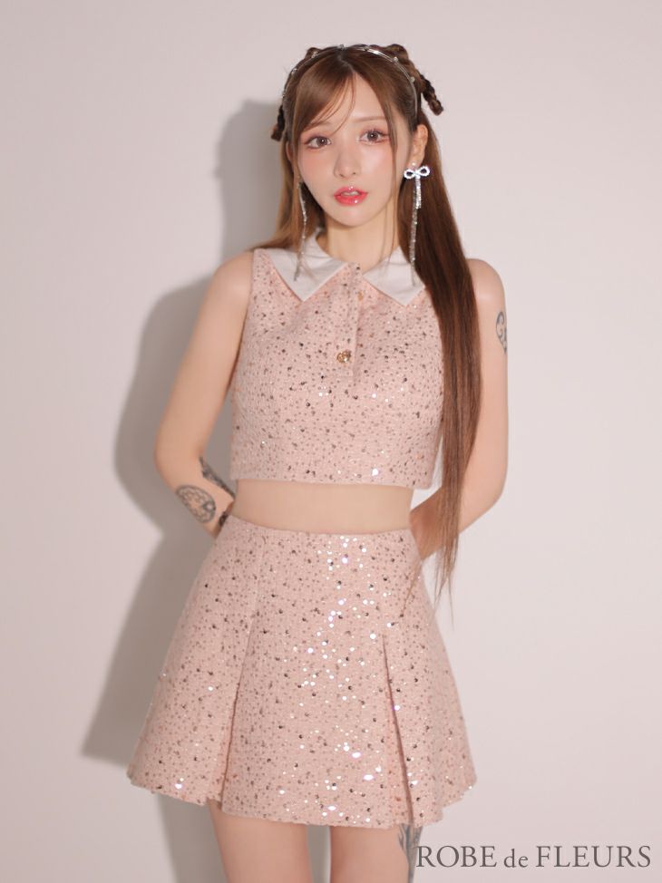 ROBE de FLEURS ローブドフルール 襟つきスパンコールツイードノースリーブプリーツセットアップキャバドレス fm3348