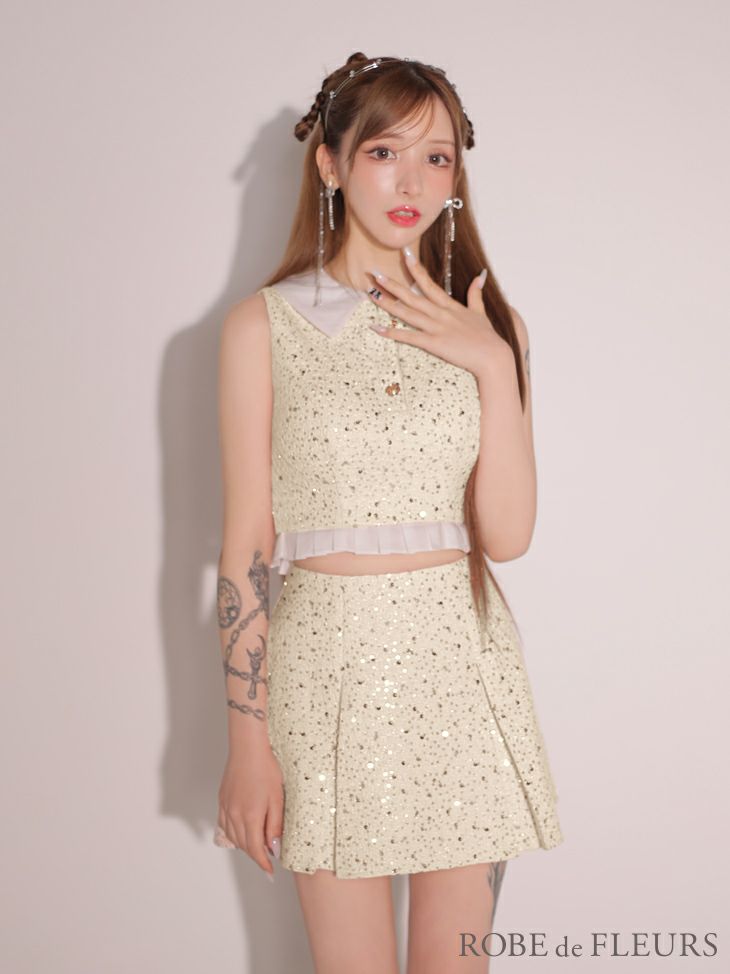 ROBE de FLEURS ローブドフルール 襟つきスパンコールツイードノースリーブプリーツセットアップキャバドレス fm3348