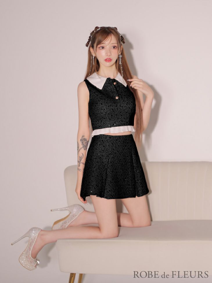 ROBE de FLEURS ローブドフルール 襟つきスパンコールツイードノースリーブプリーツセットアップキャバドレス fm3348