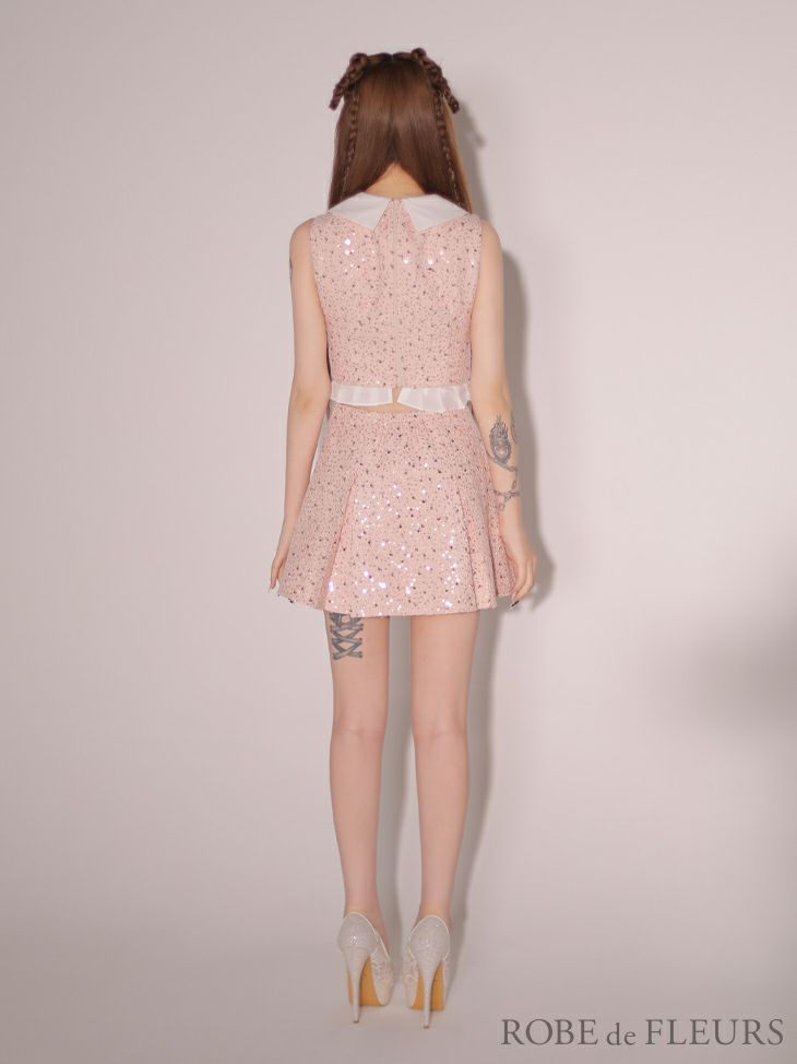 ROBE de FLEURS ローブドフルール 襟つきスパンコールツイードノースリーブプリーツセットアップキャバドレス fm3348